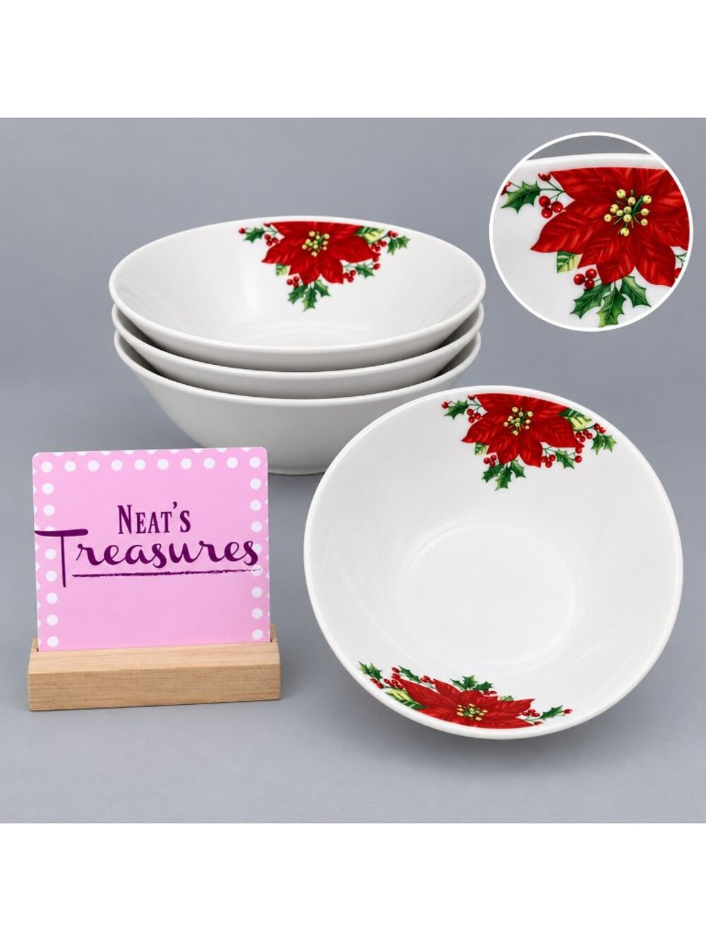 Gibson NOBLE POINSETTIA Red Floral Holly Rim Smooth Soup Cereal Bowls Set of 4